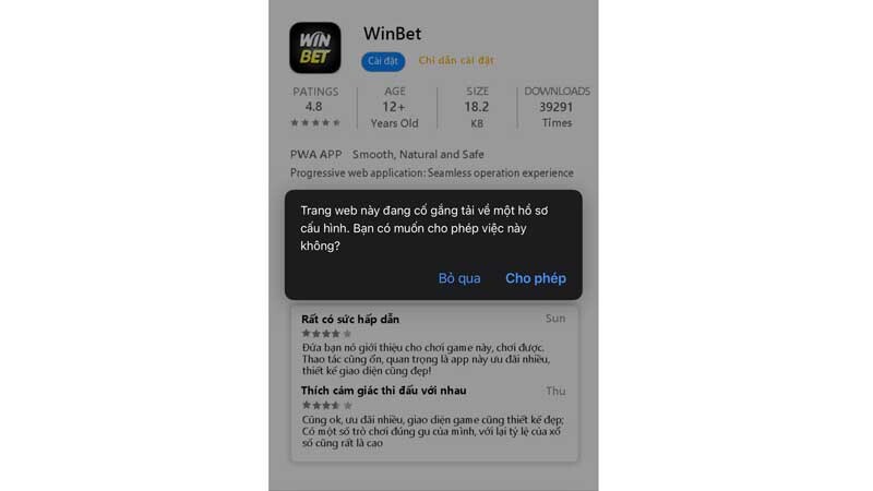 Bạn chọn Cài đặt để tải app Winbet về máy